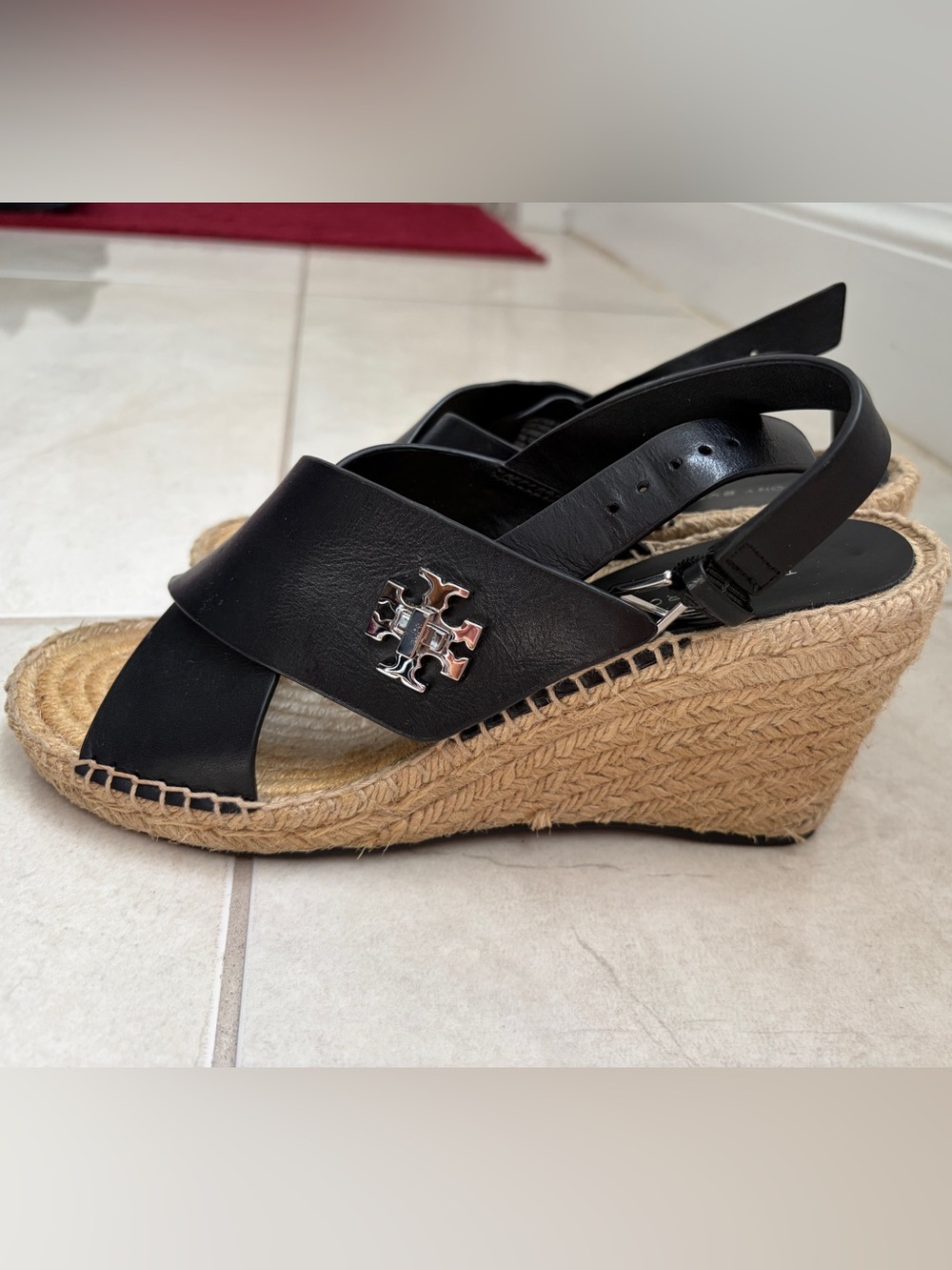 Tory Burch Black Leather Espadrille Wedge size 7